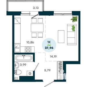 1-к квартира, вторичка, 38м2, 13/19 этаж