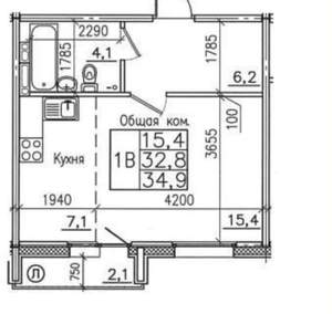 1-к квартира, вторичка, 35м2, 9/9 этаж