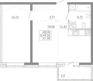 2-к квартира, строящийся дом, 52м2, 8/16 этаж