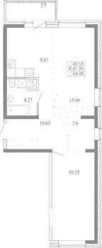 2-к квартира, строящийся дом, 64м2, 5/16 этаж