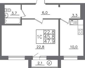 1-к квартира, вторичка, 48м2, 9/14 этаж