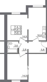 1-к квартира, вторичка, 59м2, 1/9 этаж