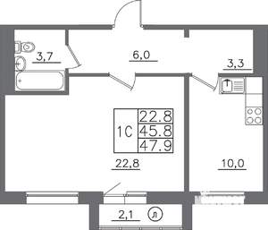 1-к квартира, вторичка, 48м2, 9/14 этаж