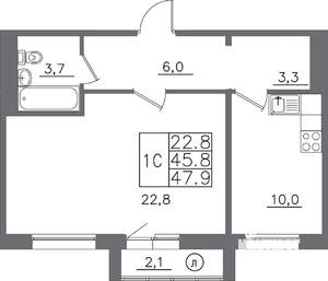 1-к квартира, вторичка, 48м2, 7/14 этаж