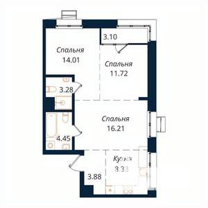 3-к квартира, строящийся дом, 65м2, 3/18 этаж