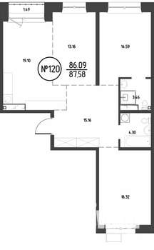 3-к квартира, строящийся дом, 88м2, 12/19 этаж