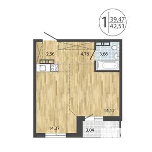 1-к квартира, строящийся дом, 43м2, 11/19 этаж