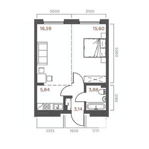 1-к квартира, строящийся дом, 45м2, 12/19 этаж