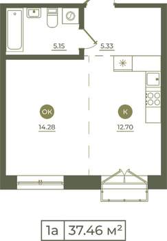 1-к квартира, вторичка, 37м2, 1/9 этаж