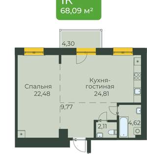 Студия квартира, вторичка, 68м2, 1/10 этаж
