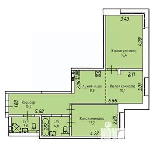 3-к квартира, вторичка, 67м2, 9/19 этаж