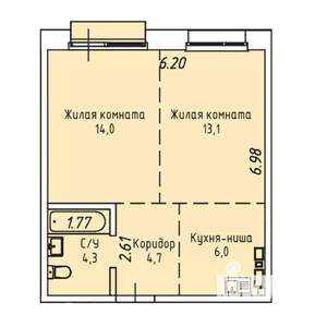 2-к квартира, строящийся дом, 43м2, 16/19 этаж