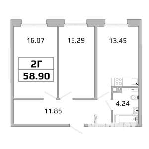 2-к квартира, вторичка, 59м2, 12/16 этаж