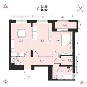 2-к квартира, вторичка, 67м2, 2/14 этаж
