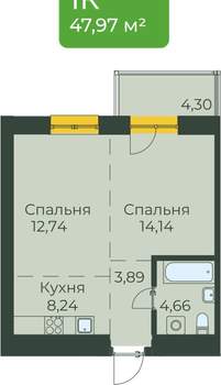 Студия квартира, вторичка, 48м2, 6/10 этаж