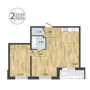 2-к квартира, строящийся дом, 60м2, 14/19 этаж