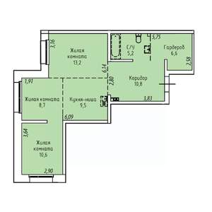 3-к квартира, строящийся дом, 65м2, 13/19 этаж