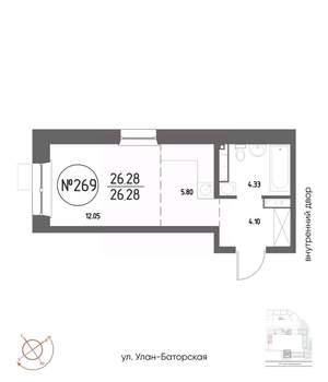 Студия квартира, строящийся дом, 26м2, 16/19 этаж