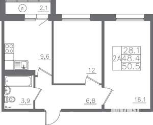 2-к квартира, вторичка, 51м2, 2/14 этаж