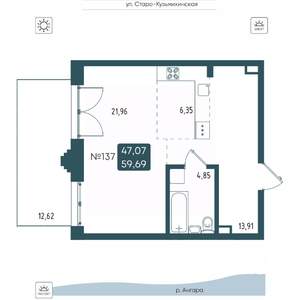 1-к квартира, вторичка, 60м2, 1/20 этаж