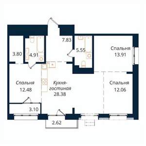 3-к квартира, строящийся дом, 95м2, 6/18 этаж
