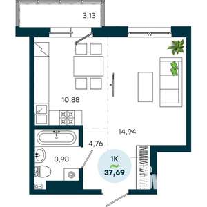 1-к квартира, строящийся дом, 38м2, 5/19 этаж