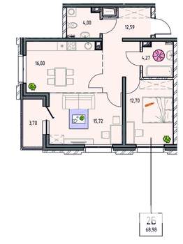 2-к квартира, вторичка, 69м2, 3/14 этаж