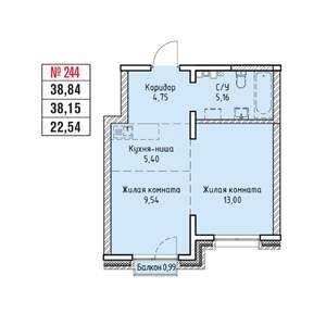 2-к квартира, строящийся дом, 39м2, 12/19 этаж