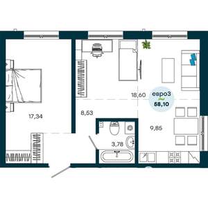 2-к квартира, вторичка, 58м2, 3/19 этаж