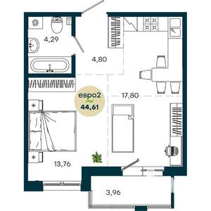 1-к квартира, строящийся дом, 45м2, 8/19 этаж