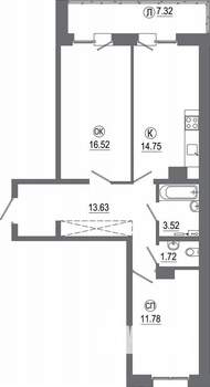 2-к квартира, вторичка, 69м2, 16/16 этаж