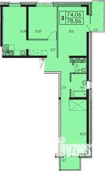 3-к квартира, строящийся дом, 81м2, 15/18 этаж