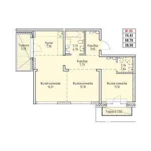 3-к квартира, строящийся дом, 74м2, 18/19 этаж