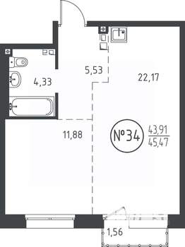 1-к квартира, вторичка, 45м2, 6/10 этаж