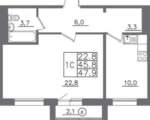 1-к квартира, вторичка, 48м2, 8/14 этаж