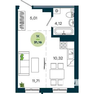 1-к квартира, строящийся дом, 31м2, 5/19 этаж