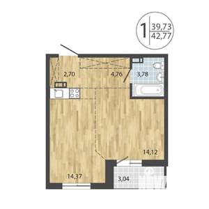 1-к квартира, строящийся дом, 43м2, 9/19 этаж