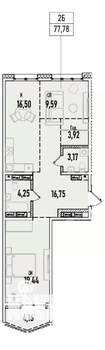 2-к квартира, вторичка, 78м2, 12/19 этаж