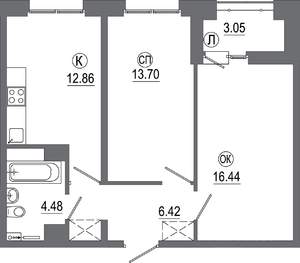 2-к квартира, вторичка, 57м2, 6/16 этаж