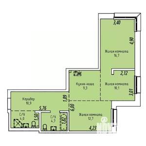 3-к квартира, строящийся дом, 68м2, 4/19 этаж