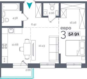 2-к квартира, вторичка, 53м2, 10/9 этаж