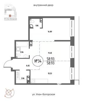2-к квартира, строящийся дом, 59м2, 6/20 этаж