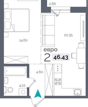 1-к квартира, вторичка, 46м2, 15/9 этаж