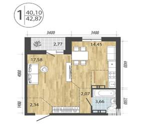 1-к квартира, строящийся дом, 43м2, 12/19 этаж