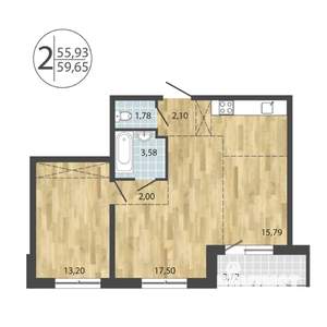 2-к квартира, строящийся дом, 60м2, 17/19 этаж