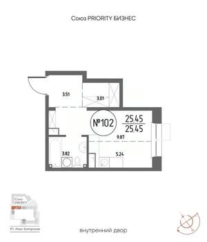 1-к квартира, строящийся дом, 25м2, 8/19 этаж