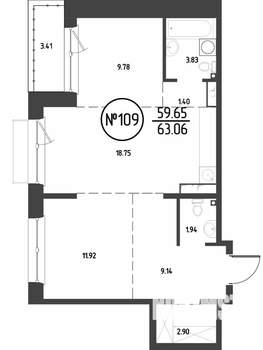 2-к квартира, строящийся дом, 63м2, 9/19 этаж