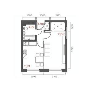 1-к квартира, строящийся дом, 39м2, 12/19 этаж