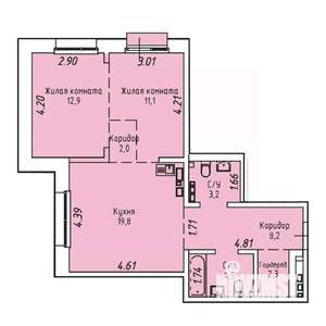 2-к квартира, строящийся дом, 65м2, 12/19 этаж