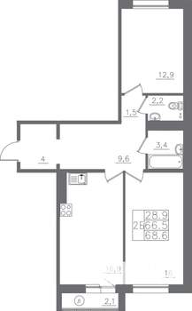 2-к квартира, вторичка, 69м2, 4/14 этаж